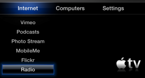 Apple TV menu with Internet Radio selected